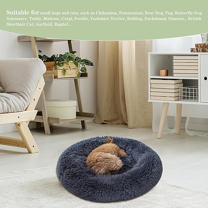 Calming Dog Bed for Small Dogs Cats, Kitty Puppy 23'' Round Anti-Anxiety Warm Fluffy Plush Faux Fur Bed, Soft Anti-Slip Donut Washable Small Pet Bed, Cozy Cat Puppy Bed, Fits up to 30 lbs Pets
