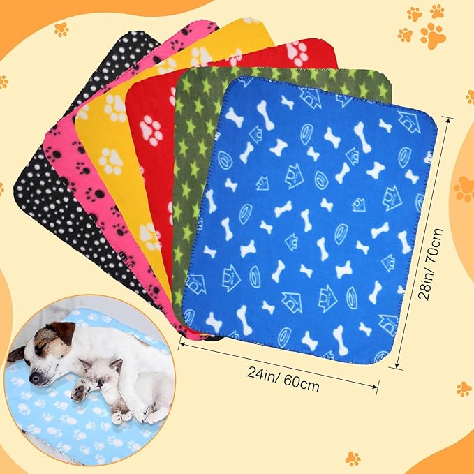 Preboun 50 Pack Puppy Blankets Bulk, 24 x 28 Inch Soft Fleece Pet Paw Print Blankets, Sleep Mat Bed Cover for Kitten, Dogs, Cats & Small Animals, 25 Styles