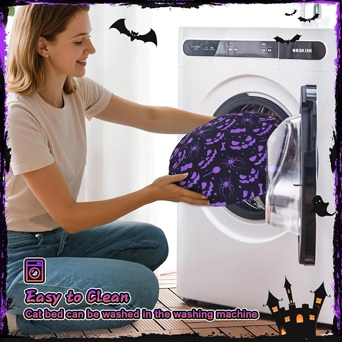 Tidjani Cat Tunnel Bed, Cat Tunnels for Indoor Cats, Foldable Cat Donut Bed with Washable Mat and Dangling Balls, Purple Bowknot, Ghost Spider Pattern Decor Pet Toys for Small Animals