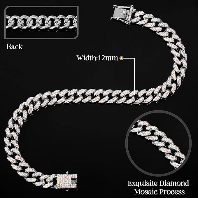 LEIFIDE Dog Chain Collar Diamond Link Puppy Collar 12 mm Wide Dog Necklace Metal Cat Chain Pet Crystal Necklace Jewelry Accessories for Small Medium Large Pet(12 Inch,Silver, AB Color)