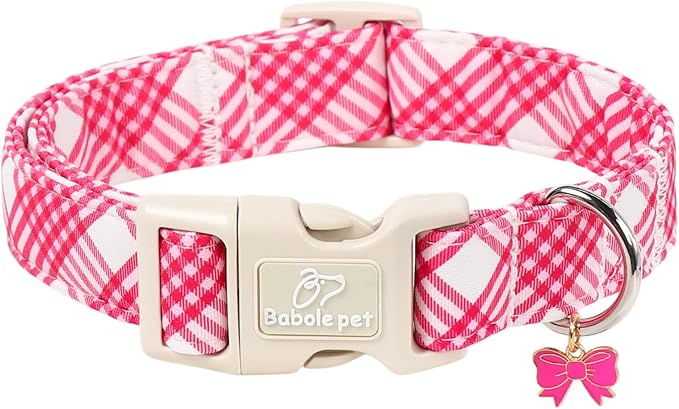 Girl Dog Collar, Bright Pink Glen Check Dog Collars for Puppy Small Dogs - Cute Spring Summer Plaid Pup Collar, Soft Adjustable Female Dog Collars with Quick Release Buckle XS