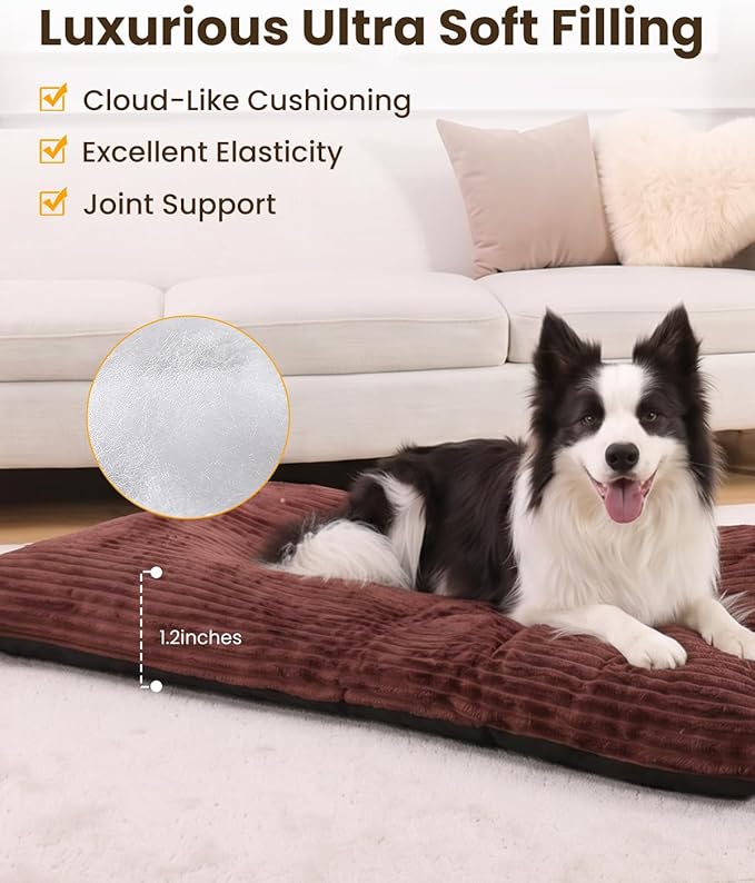KSIIA Dog Crate Bed Washable Dog Beds for Large Dogs Deluxe Thick Flannel Fluffy Comfy Kennel Pad Anti-Slip & Anti-Scratch Pet Sleeping Mat, 35 x 23 Inch, Brown