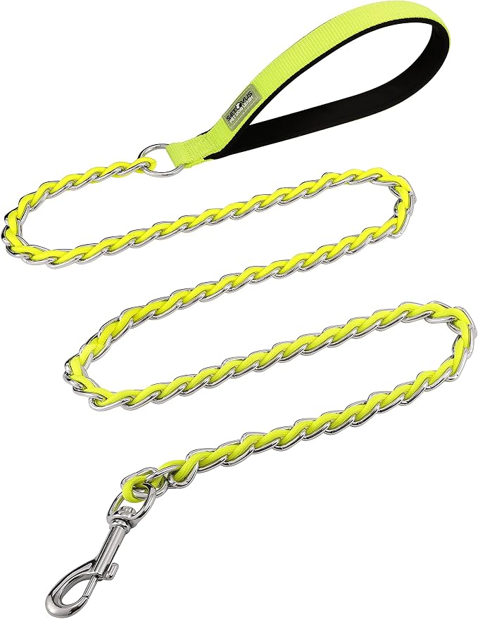 Chain Dog Leash Chew Proof Metal Leash for Medium Large Dogs, Chain Link Dog Anti Chew 5.2FT / 4FT Strong Anti Bite Comfortable Soft Padded Handle (Yellow, 5FT(80-150lb))