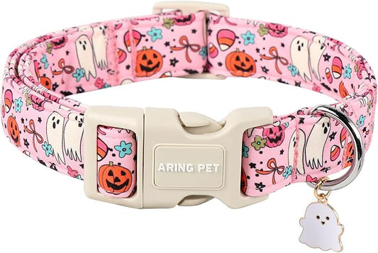 ARING PET Halloween Dog Collars, Cute Pink Pumpkin Ghost Flower Bowtie Pet Collar with Quick Release Buckle for Small Medium Large Girl Boy Dogs-XS