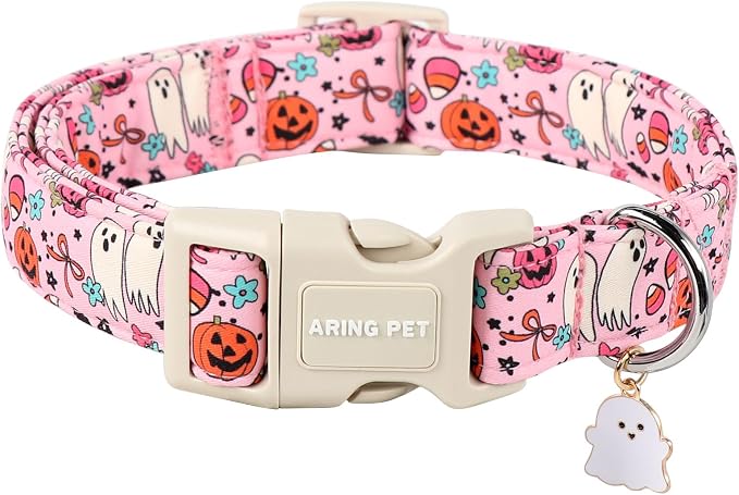ARING PET Halloween Dog Collars, Cute Pink Pumpkin Ghost Flower Bowtie Pet Collar with Quick Release Buckle for Small Medium Large Girl Boy Dogs-L