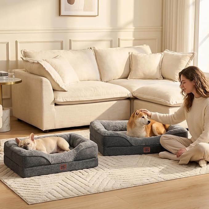 EHEYCIGA Orthopedic Dog Bed for Large Sized Dog, 36x27 Inch Large Memory Foam Dog Couch Bed with Sides, Waterproof Liner & Washable Removable Cover, Bolster Pet Sofa, Grey