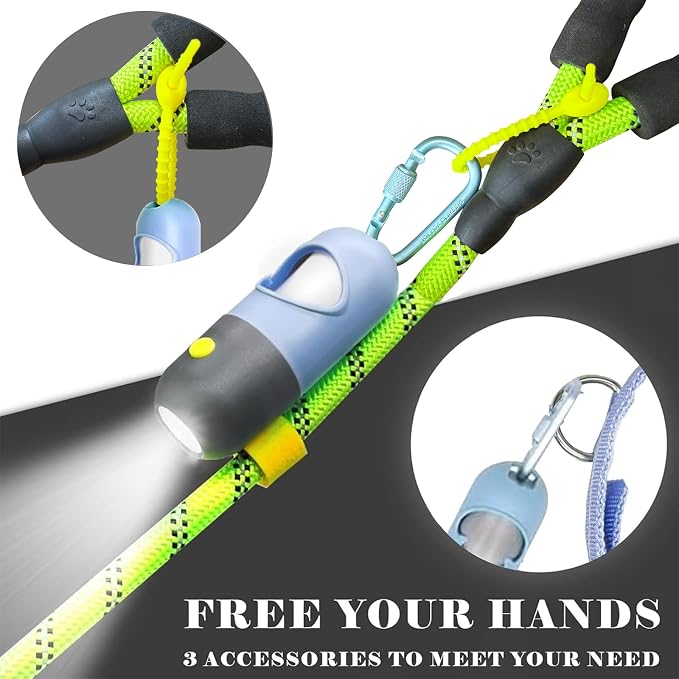 Dog Poop Bag Holder with LED Flashlight for Night Walks,Silicone Tether & Panda Pattern Clip for Used Bags, Hands-Free Metal Leash Carabiner, Includes 15 Scented Waste Bags (Blue)