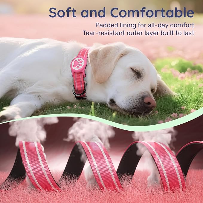 Airtag Dog Collar, Reflective Ultra-Durable Nylon Padded with QR Code Buckle & IP68 Waterproof Air Tag Holder Compatible for Apple AirTag, Comfortable for Small Medium Large Dogs(Hot Pink,L)