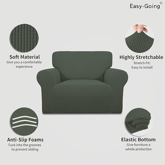 Easy-Going Stretch Oversized Chair Sofa Slipcover 1-Piece Couch Sofa Cover Furniture Protector Soft with Elastic Bottom for Kids Spandex Jacquard Fabric Small Checks Olive Green