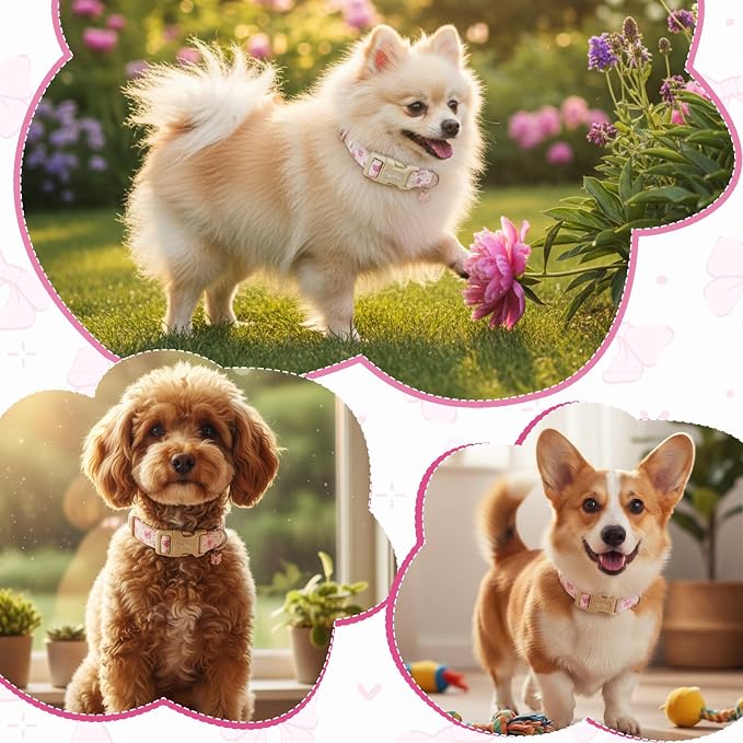 Dog Collars for Large Dogs, Pink Bow Dog Collar with Metal Buckle, Girl Dog Collars for Medium Large Dogs, Adjustable Soft Cute Cotton Puppy Collar Pet Collar Gift for Female Dogs-L