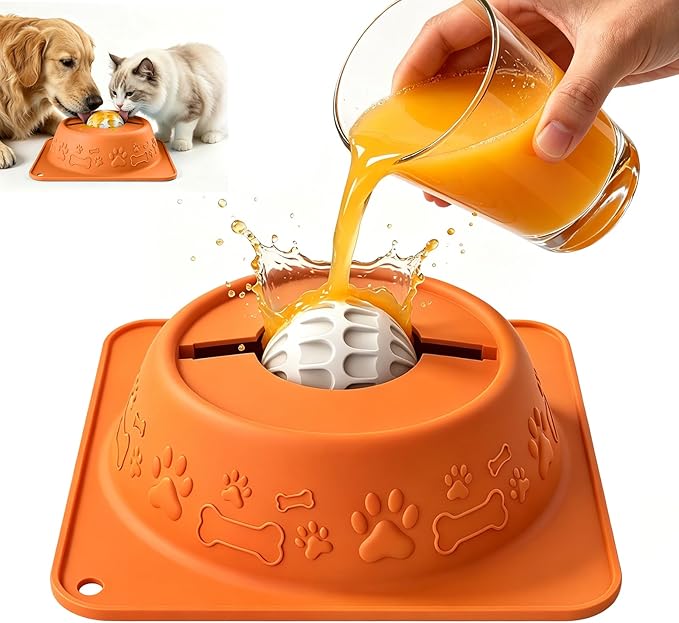Slow Feeder Dog Bowl for Liquid Treats, Anti-Slip Lick Bowl with Smooth Rolling Ball, No Spill Pet Bowl Yogurt Water Pup Lick Toy for Large Medium Small Dogs and Cats, Anxiety Relief Boredom, Orange