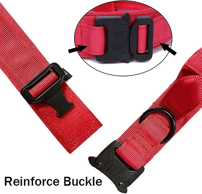 Tactical Dog Collar and Leash Set Adjustable Military Nylon Dog Collar with Control Handle and Heavy Duty Metal Buckle for Large Dogs（Red S