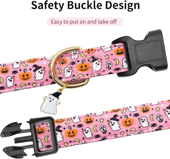 Personalized Dog Collars,Adjustable Puppy Collars with Safety Buckle for Small Medium Large Dogs,Cute and Unique Pink Cherry Pattern Pet Collar for Boy Girl Dogs. (Pink Ghost, L)