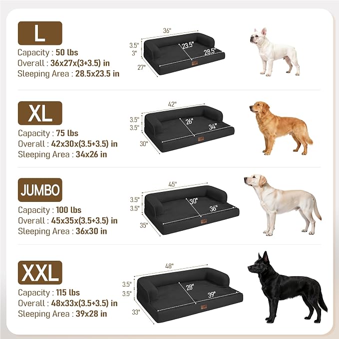 Comfort Expression Extra Large Dog Bed - XL Washable Waterproof Orthopedic Pet Bed for Big Dog Pet Couch Memory Foam Sofa Bolster with Removable Cover - 42 x 30