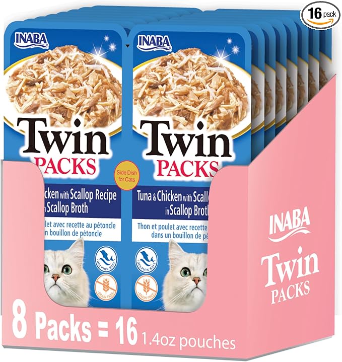 INABA Twin Packs for Cats, Side Dish/Topper Pouch, 1.4 Ounces per Serving, 16 Servings, Tuna & Chicken with Scallop Recipe in Scallop Broth