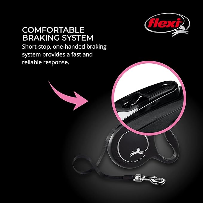 FLEXI Classic Cord Retractable Dog Leash for Medium Dogs up to 44 lbs. – 16 ft., Black | Tangle-Free Cord Design with One-Handed Brake, Pause, Lock|German Quality Product
