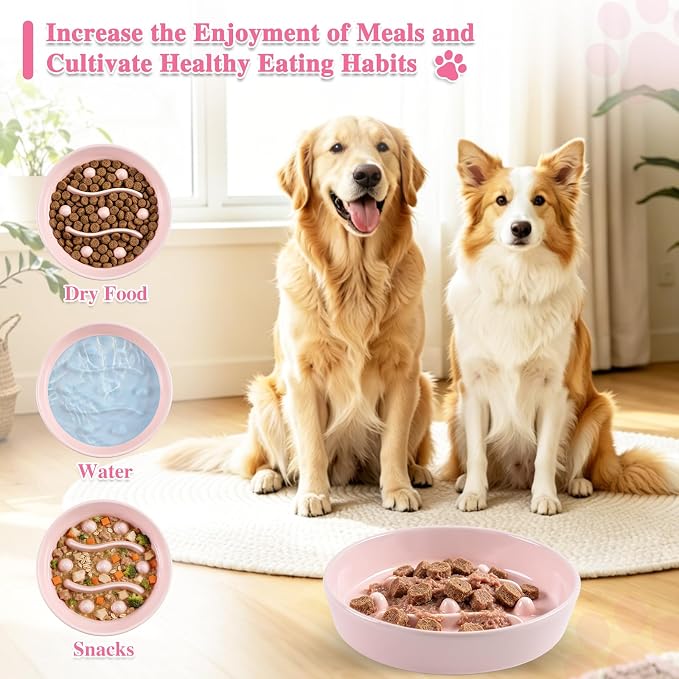 Ceramic Slow Feeder Dog Bowls, 1.5 Cups Dog Food Dish for Medium and Large Breed, Puzzle Dog Food Bowl for Fast Eater, 28OZ, 7.5 inch(Pink)
