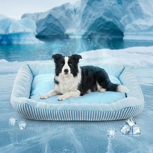 Cooling Dog Bed for Large Medium Small Dogs, Breathable Dog Cooling Mat with Self Cooling Ice Silk Fabric, Washable Summer Pet Bed for Indoor Outdoor, Blue Large