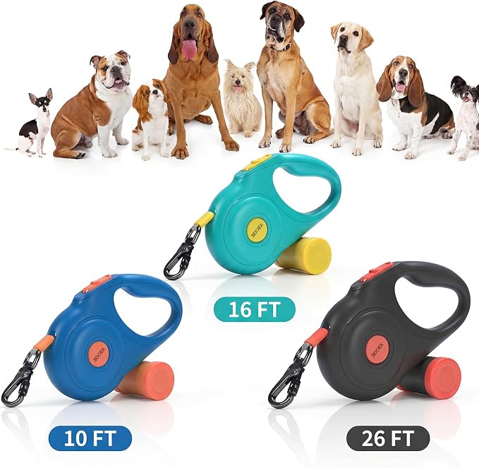 Retractable Dog Leash 10FT for Small & Medium Dogs, Sturdy Heavy-Duty Nylon Tape with Secure Locking Carabiner & Poop Bag Holder, Smooth One-Hand Control, Anti-Slip Handle, Tangle-Free Design (Black)