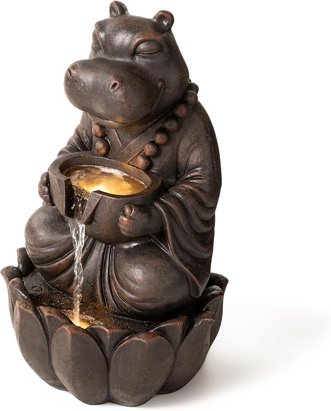 Glitzhome Water Fountain Outdoor, Outdoor Fountain with Lights, Zen-Style Water Fountain with Pump, 22" H 2-Tiered Bronze Hippo Polyresin Water Feature for Home Patio Garden Backyard Decor