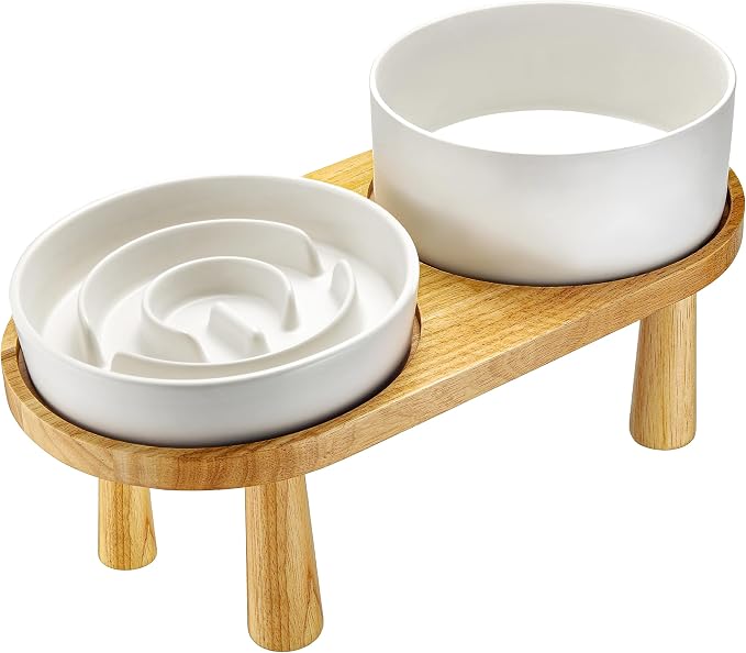 Ceramic Slow Feeder and Water Bowl Set for Small Dogs, 6.0 Inch Ceramic Dog Bowls Elevated with Wooden Stand, 0.6 Cups Dog Slow Feeder(14oz) and 30oz Water Bowl Set, White
