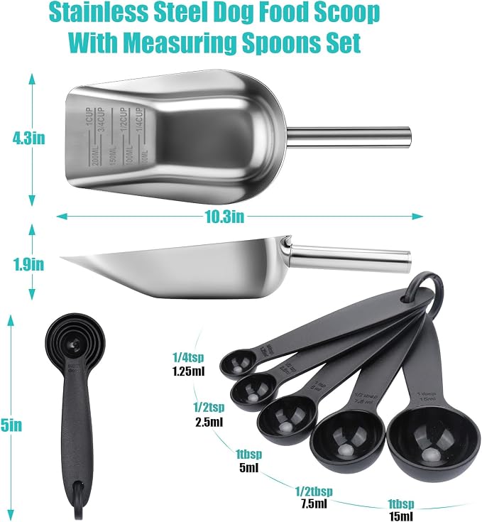 AIERSA Pet Food Scoop & Measuring Cup for Dogs & Cats, Stainless Steel Dog Scoop1 ¾ / ½ / ¼ Cup with Multi-Unit Markings for Precision Feeding, Easy-Clean Metal Food Storage