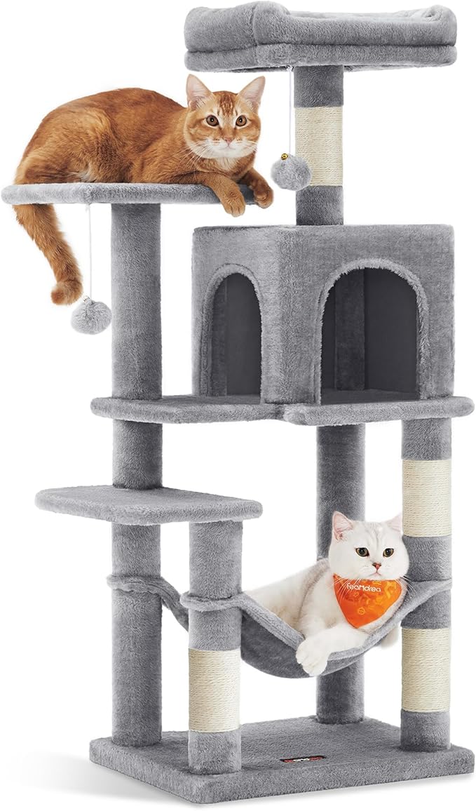 Feandrea Cat Tree, 44.1-Inch Cat Tower, Plush Multi-Level Condo with 4 Scratching Posts, 2 Perches, Hammock, Cave, Light Gray UPCT261W01