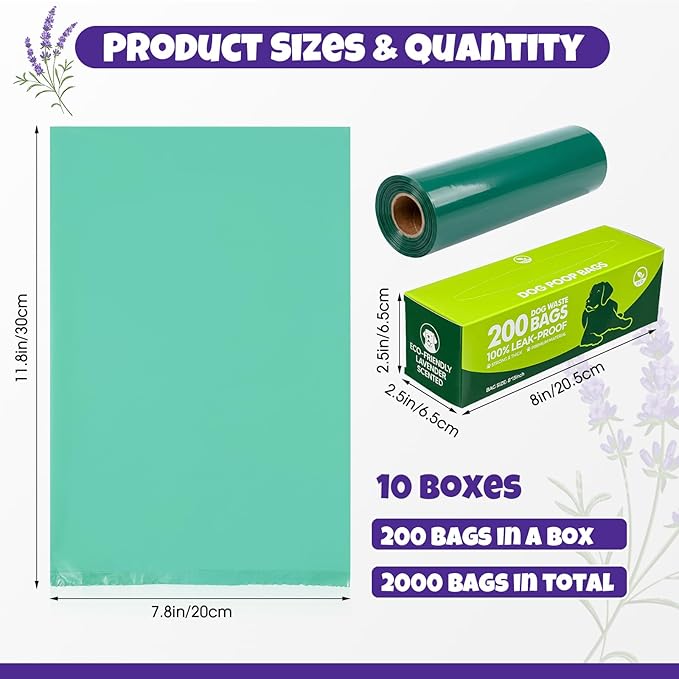 Sherr Lavender Scented Dog Poop Bag Bulk Leak Proof Dog Waste Bags Doggy Poop Bags Pet Waste Bag for Puppy Pets Outdoor Walking and Travel(10 Boxed Rolls 2000 Counts)