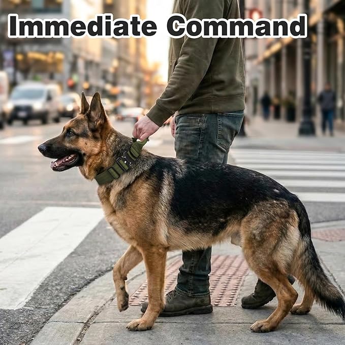 Joytale Tactical Dog Collar for X-Large Dogs with Control Handle, Heavy Duty Military Training Collar for Power Breeds, AirTag Holder Case, Quick Release Metal Buckle, Soft Padded, XL, Army Green