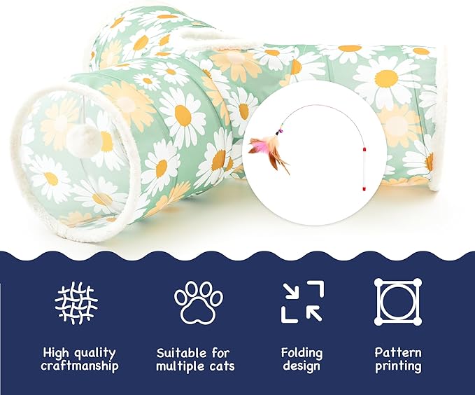 Tempcore Cat Tunnel for Indoor Cats, 3 Way Collapsible Pet Play Tunnel with Teaser Wand, Peek Holes & Hanging Ball, Interactive Tube for Kittens & Rabbits, Daisy Green Printed