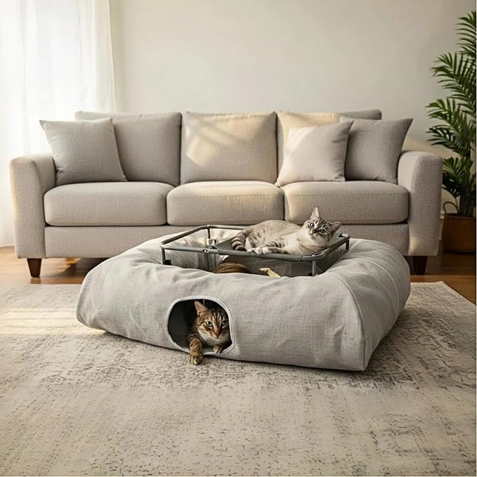 XxingSheep 2-Tier Hammock XXL Cat Tunnel Bed, 4 Cave Premium Hemp Fabric for Indoor Cats Toys Cave Donut with Soft Mat