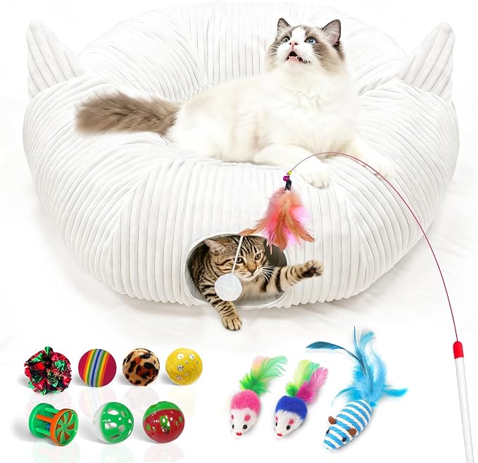 OurWarm Large Cat Tunnels for Indoor Cats– Plush Cat Donut Tunnel, White Cat Bed Tunnel for Under Christmas Tree, Multifunctional Playground Toys Hideplace for Kittens, Rabbit, Ferret (39.37in Dia)