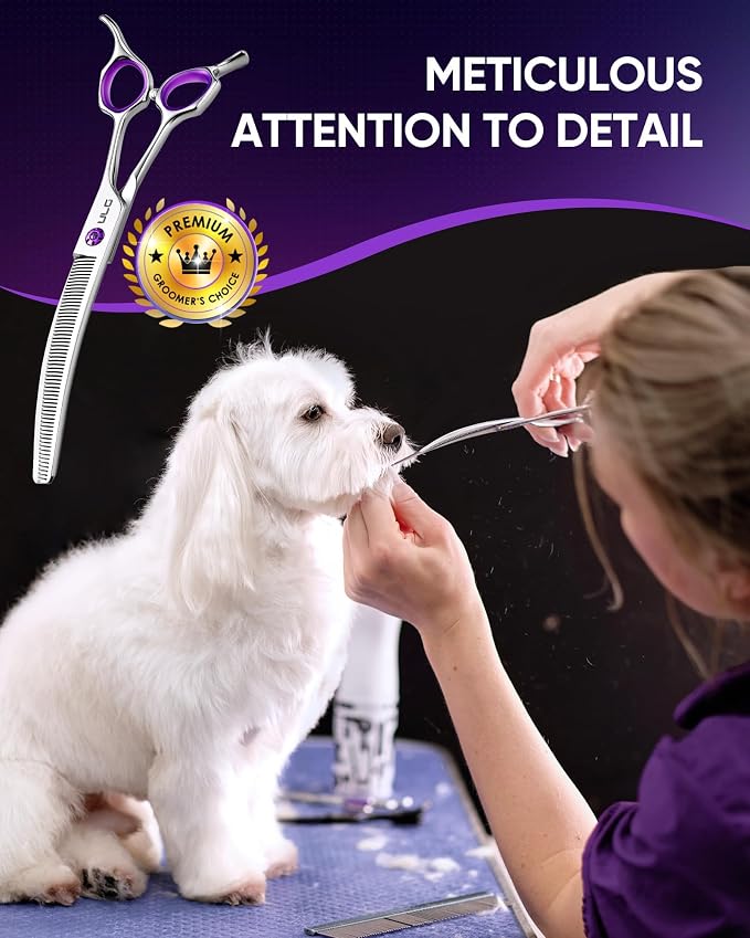 ULG 7.5” Dog Grooming Thinning Shears – 30° Curved Pet Thinning Scissors, Japanese 440C Stainless Steel, 60 V-Shaped Teeth, 25% Thinning Rate, Reversible Butterfly Handles, for Face, Nose, Eyes & Coat