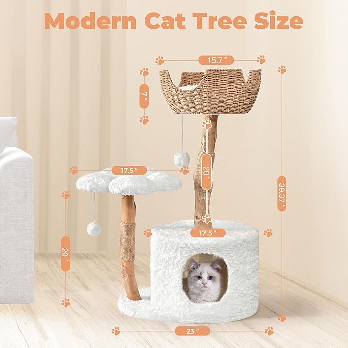 Easyego Modern Cat Tree, 39.9" Aesthetic Wood Cat Tree Tower for Large Cats, Luxury Cat Condo with Scratching Posts and Flower Platforms, Cat Furniture, White