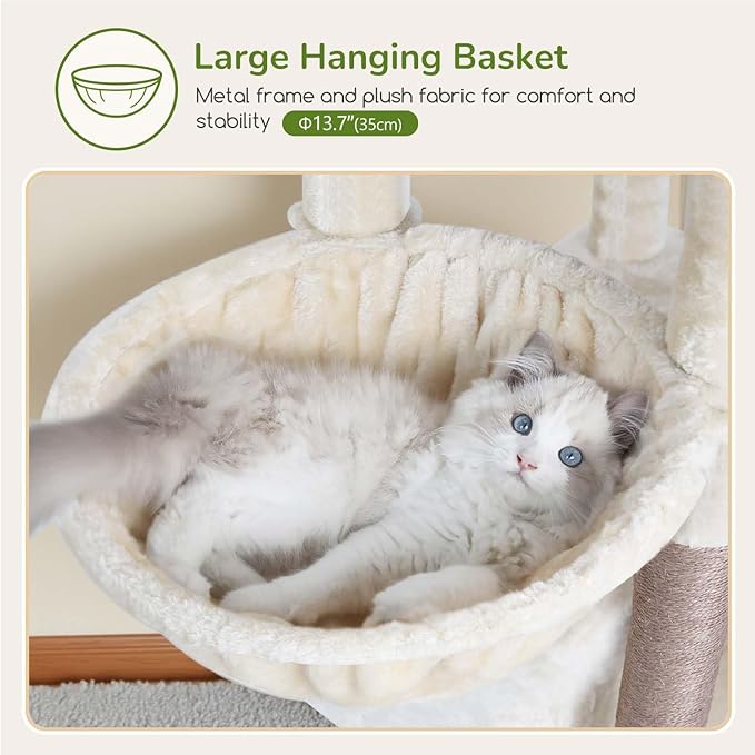 Globlazer 74in Cat Tree for Indoor Cats Large Adult, Heavy Duty Cat Tower with 5 Sisal Scratching Posts, 2 Caves, Oversized Top Perch, Hanging Basket, F74B, Beige