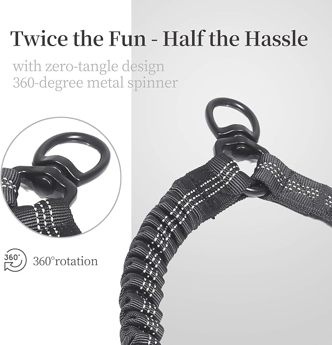 iYoShop Double Dog Leash with Three Extra Traffic Handles, 360 Swivel No Tangle Dual Dog Walking Leash, Comfortable Shock Absorbing Reflective Bungee for Two Dogs(5-18 lbs, Black)