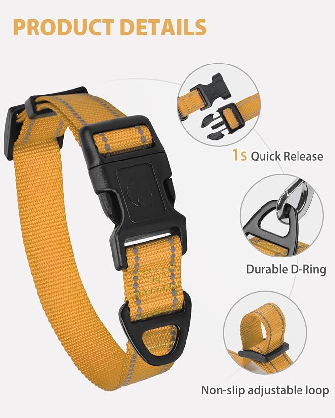 Joytale Dog Collars for Small Dogs, Feather-Light Double-Sided Reflective Nylon Collar for Night Safety, Adjustable Quick-Release for Growing Puppies, Khaki, S (5/8" Width)