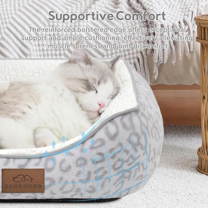 Zerbuger Rectangle Cat Dog Bed for Large Medium Small Pets Indoor Outdoor Machine Washable Sleeping Sofa Non-Slip Bottom Soft Puppy Bed Durable Orthopedic Calming Pet Cuddler (Medium, White Leopard)