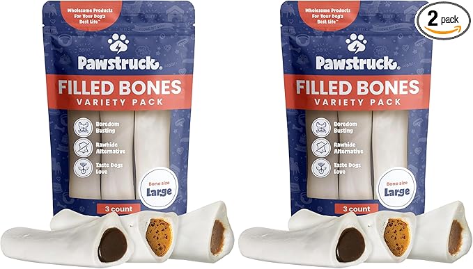 Pawstruck Large 5-6” Filled Dog Bones Variety Pack - Peanut Butter, Cheese & Bacon, Beef Flavors - Made in USA, Long Lasting Stuffed Femur Treat for Aggressive Chewers , Packaging May Vary (Pack of 6)