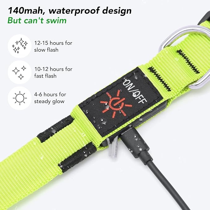 Light Up Dog Collar, Rechargeable USB Collar, Waterproof, Luminous LED Collar, Adjustable, Super Bright, Night Walking for Small Medium Large Dogs, Green, M