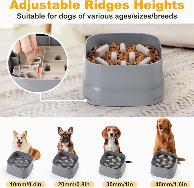 Sunhoo Slow Feeder Dog Bowls Large Breed Puppy Puzzle Feeding Dish Maze Feed Bowl Small Medium Dogs Plate Adjustable Ridges to Slower Down Eating Anti-slip Easy to Clean Indoor Use 7.5*7.5*4 in(Grey)