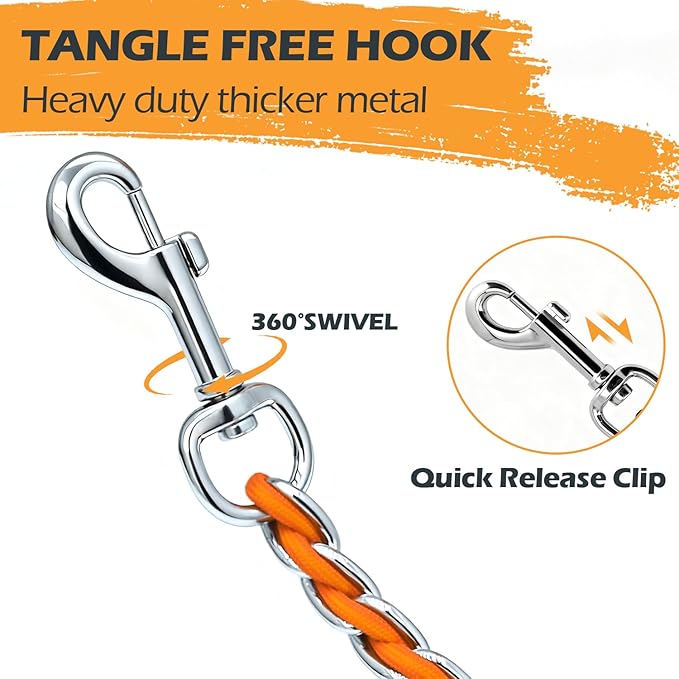 Chain Dog Leash Chew Proof Metal Leash for Medium Large Dogs, Chain Link Dog Anti Chew 5.2FT / 4FT Strong Anti Bite Comfortable Soft Padded Handle (Orange, 5FT(30-80lb)