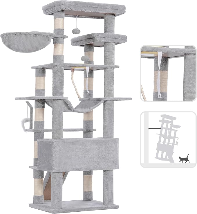 Heybly Tall Cat Tree, 78-inch Multi-Level Cat Tower for Indoor Cats, 2 Widened Plush Perches Cat Condo with Scratching Board and Big Caves, Light Gray HCT033W