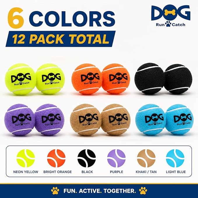 INSUM Squeaky Tennis Balls for Dogs - 12 Pack 2.5'' Durable Non-Toxic Outdoor Dog Toys Balls with Mesh Bag, SGS Certified, Colorful Fetch Toys, Medium Large Breeds