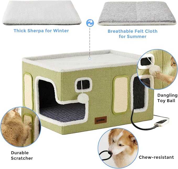 ZOMISIA Heated Cat House for Indoor Cats - Large Cat Warming Bed for Winter with Fluffy Ball Hanging and Adjustable Heating Pad, Foldable Cat Hideaway,23x16.5x13 inches, Green