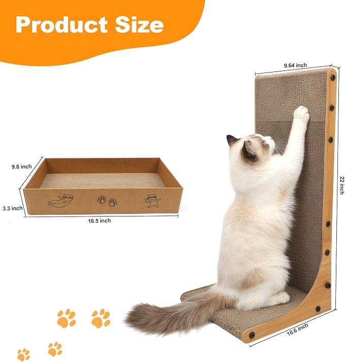 Goosheep 22in L-Shaped Cat Scratcher 2-in1 Scratching Board for Indoor Cats Protecting Furniture Cardboard Box Scratch Pad, Scratching Posts with Feathered Toy