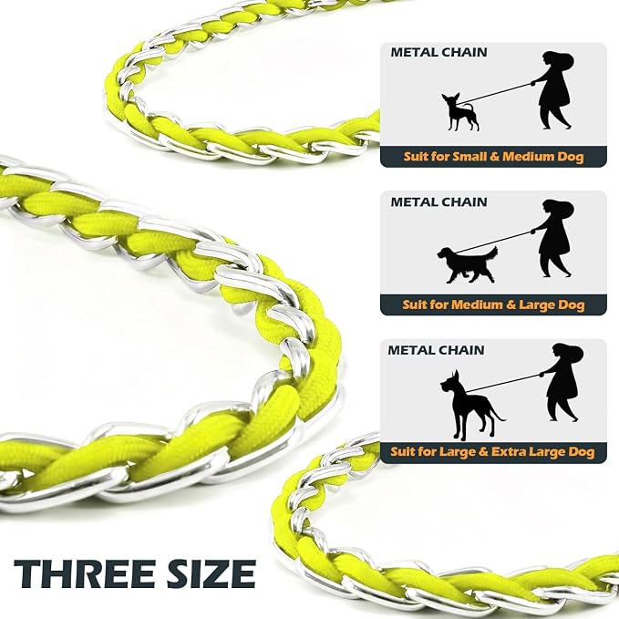 Chain Dog Leash Chew Proof Metal Leash for Medium Large Dogs, Chain Link Dog Anti Chew 5.2FT / 4FT Strong Anti Bite Comfortable Soft Padded Handle (Yellow, 5FT(5-30lb))