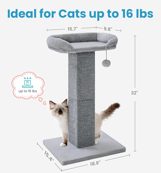 Made4Pets Cat Scratching Post with Bed, 32'' Modern Cat Scratcher with Top Plush Cat Bed, Tall Cat Scratch Post for Indoor Cats, Heavy-Duty Carpet Scratching Post with Hanging Ball Toy, Grey