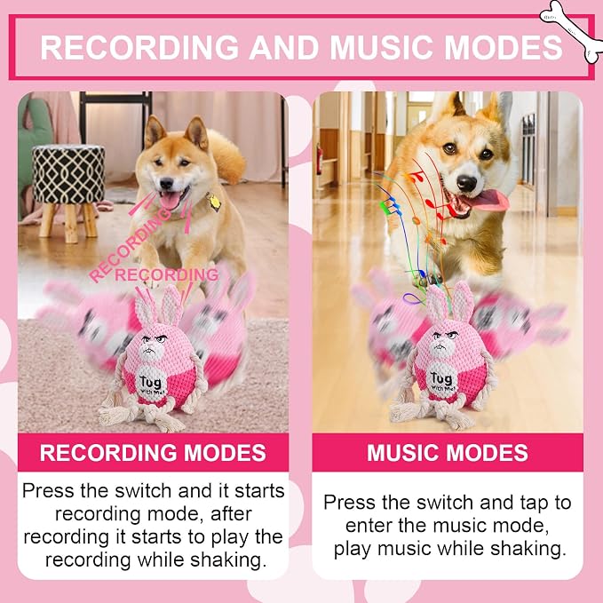 BABORUI Interactive Dog Toys, Easter Squeaky Dog Rope Toys with Recording and Music Modes, Dogs Tug Toy for Small/Medium/Large Dogs to Keep Them Busy (Pink Bunny)