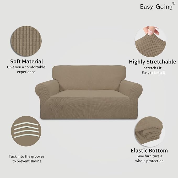 Easy-Going Stretch Loveseat Slipcover 1-Piece Sofa Cover Furniture Protector Couch Soft with Elastic Bottom for Kids Polyester Spandex Jacquard Fabric Small Checks (Loveseat, Natural)